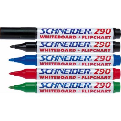 Marker Schneider Maxx 290, pentru tabla de scris+flipchart, varf rotund 2-3mm, 4 cul/set - (N,R,A,V)