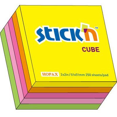 Cub notes autoadeziv 50 x 50 mm, 250 file, Stick'n - 5 culori fluorescente