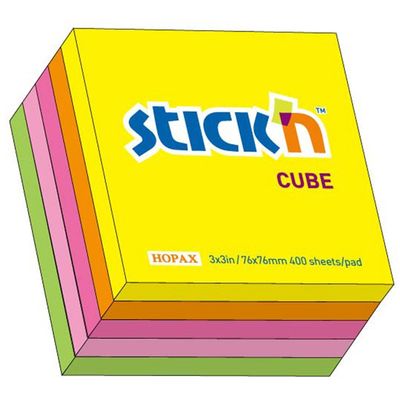 Cub notes autoadeziv 76 x 76 mm, 400 file, Stick'n - 5 culori fluorescente