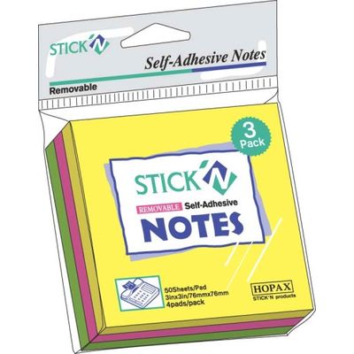 Notes autoadeziv 76 x 76 mm, 3 x 50 file/set, Stick'n - 3 culori fosforescente