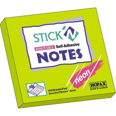 Notes autoadeziv 76 x 76 mm, 100 file, Stick'n - verde neon