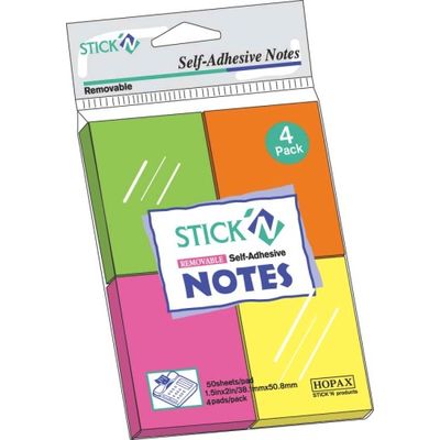 Notes autoadeziv 38 x 51 mm, 4 x 50 file/set, Stick'n - 4 culori fosforescente