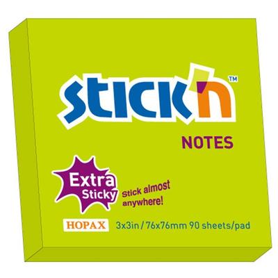 Notes autoadeziv extra-sticky 76 x 76mm, 90 file, Stick"n - verde neon